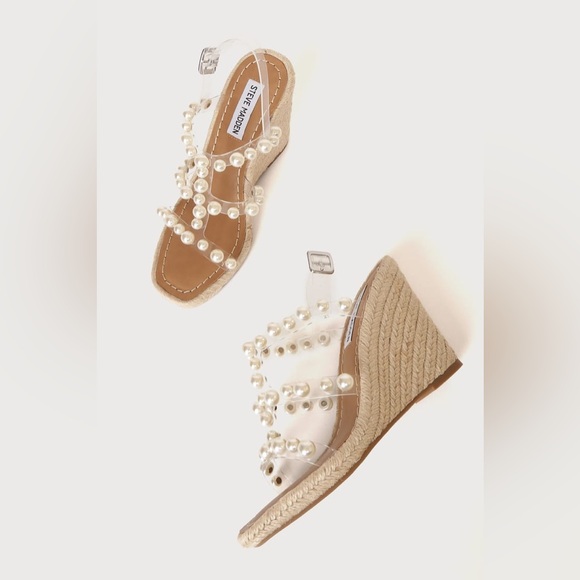 NWOT Steve Madden Upright Vinyl Pearl Studded Strappy Espadrille Wedges Size 7.5 - Picture 2 of 9